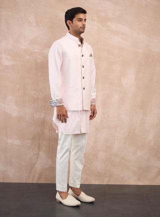 Arjan Dugal Powder Pink Inara Motif Nehru Jacket Set available on indiaspopup