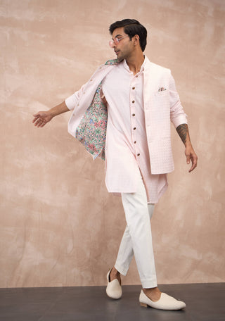 Arjan Dugal Powder Pink Inara Motif Nehru Jacket Set available on indiaspopup