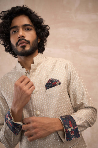 Arjan Dugal Antique Inara Motif Nehru Jacket Set available on indiaspopup