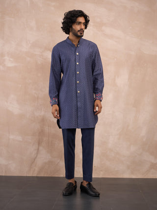 Arjan Dugal Cobalt Blue Inara Motif Foe Kurta Set available on indiaspopup