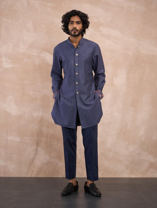 Arjan Dugal Cobalt Blue Inara Motif Foe Kurta Set available on indiaspopup