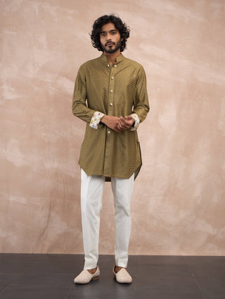 Arjan Dugal Olive Inara Motif Foe Kurta Set available on indiaspopup