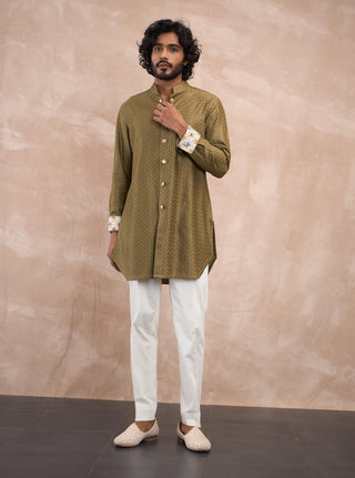 Arjan Dugal Olive Inara Motif Foe Kurta Set available on indiaspopup