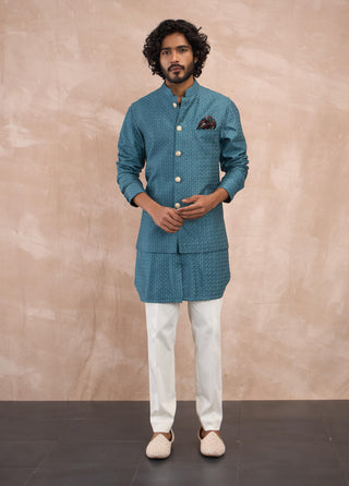 Arjan Dugal Turquoise Inara Motif Nehru Jacket Set available on indiaspopup