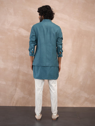 Turquoise inara motif nehru jacket set