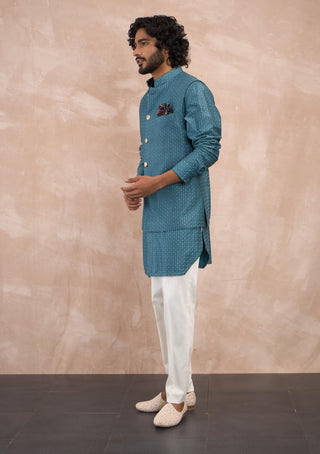 Arjan Dugal Turquoise Inara Motif Nehru Jacket Set available on indiaspopup