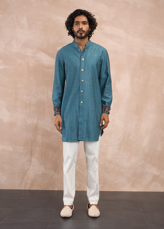 Arjan Dugal Turquoise Inara Motif Nehru Jacket Set available on indiaspopup