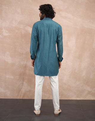 Arjan Dugal Turquoise Inara Motif Nehru Jacket Set available on indiaspopup