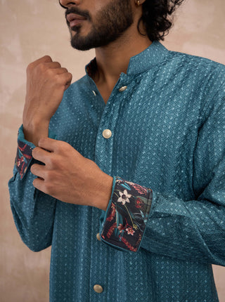 Turquoise inara motif nehru jacket set