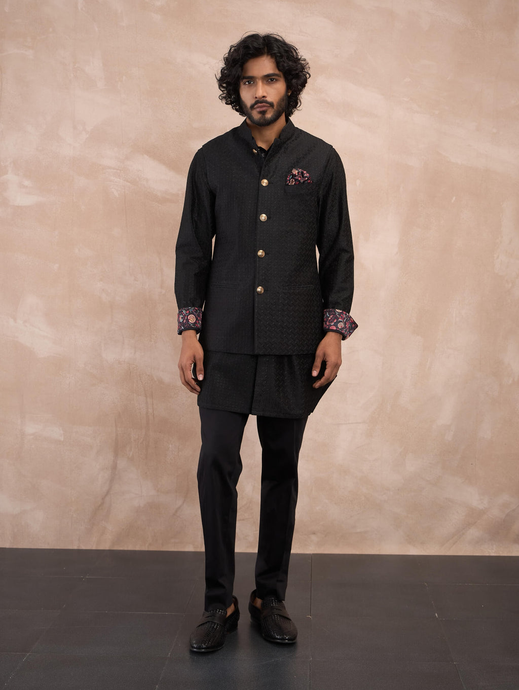 Arjan Dugal Black Inara Motif Nehru Jacket Set | Indiaspopup