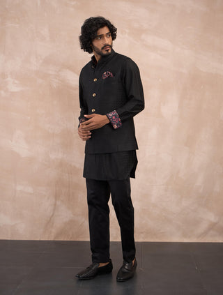 Black inara motif nehru jacket set