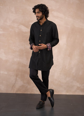 Arjan Dugal Black Inara Motif Nehru Jacket Set available on indiaspopup