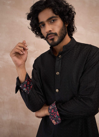 Arjan Dugal Black Inara Motif Nehru Jacket Set available on indiaspopup