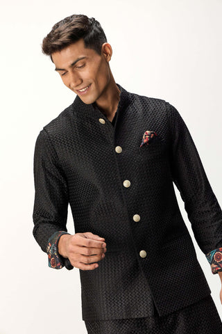 Arjan Dugal Black Inara Nehru Jacket Set available on indiaspopup