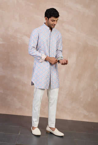 Arjan Dugal Powder Blue And Pink Kairos Foe Kurta Set available on indiaspopup