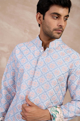 Arjan Dugal Powder Blue And Pink Kairos Foe Kurta Set available on indiaspopup