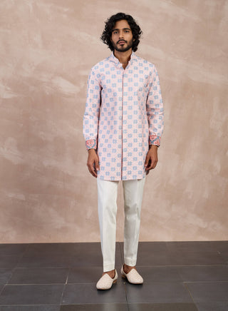 Arjan Dugal Powder Pink And Blue Kairos Foe Kurta Set available on indiaspopup