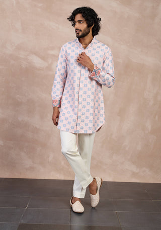 Arjan Dugal Powder Pink And Blue Kairos Foe Kurta Set available on indiaspopup