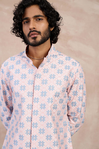 Arjan Dugal Powder Pink And Blue Kairos Foe Kurta Set available on indiaspopup