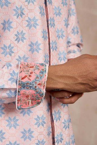 Arjan Dugal Powder Pink And Blue Kairos Foe Kurta Set available on indiaspopup