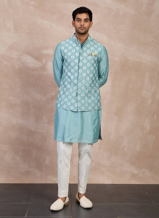 Arjan Dugal Dull Turquoise Plain Chanderi Straight Kurta Set available on indiaspopup