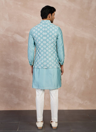 Arjan Dugal Dull Turquoise Plain Chanderi Straight Kurta Set available on indiaspopup