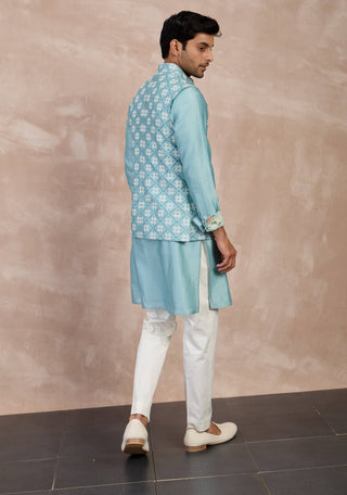 Arjan Dugal Dull Turquoise Plain Chanderi Straight Kurta Set available on indiaspopup