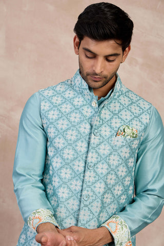 Arjan Dugal Dull Turquoise Plain Chanderi Straight Kurta Set available on indiaspopup