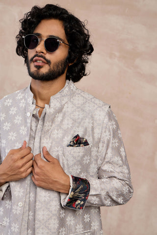 Arjan Dugal Strom Gray Kairos Nehru Jacket Set available on indiaspopup