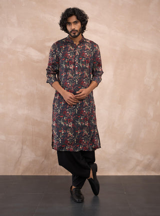 Tropical black kurta and pants