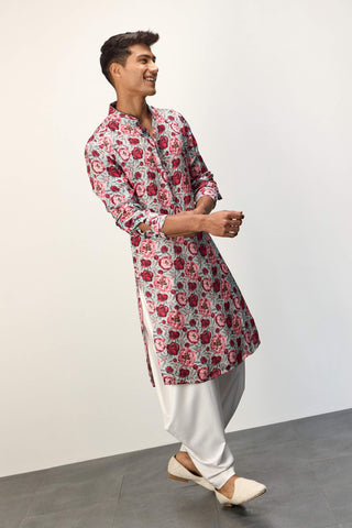 Arjan Dugal Turquoise Peonies Kurta And Pants available on indiaspopup