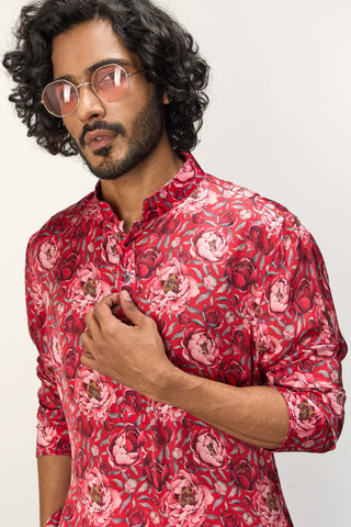 Red peonies kurta and pants