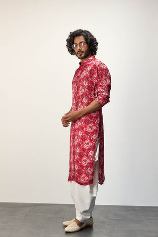 Arjan Dugal Red Peonies Kurta And Pants available on indiaspopup