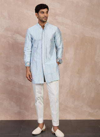 Arjan Dugal Ivory And Powder Blue Maze Foe Kurta Set available on indiaspopup