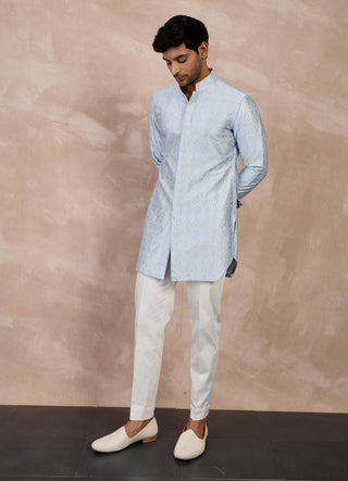 Arjan Dugal Ivory And Powder Blue Maze Foe Kurta Set available on indiaspopup