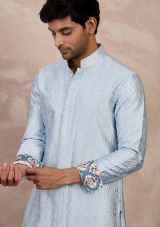 Arjan Dugal Ivory And Powder Blue Maze Foe Kurta Set available on indiaspopup