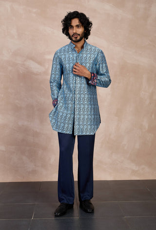 Arjan Dugal Navy And Teal Maze Foe Kurta Set available on indiaspopup