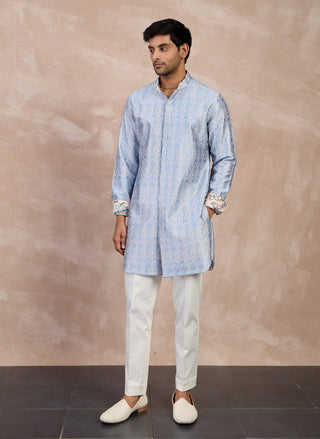 Arjan Dugal Powder Pink And Teal Blue Maze Foe Kurta Set available on indiaspopup