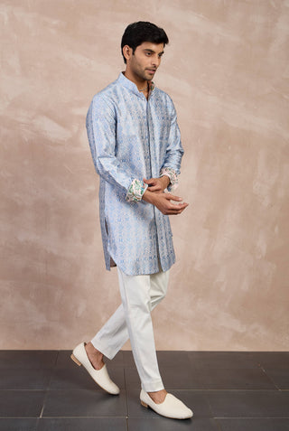 Arjan Dugal Powder Pink And Teal Blue Maze Foe Kurta Set available on indiaspopup