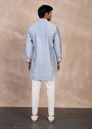 Arjan Dugal Powder Pink And Teal Blue Maze Foe Kurta Set available on indiaspopup