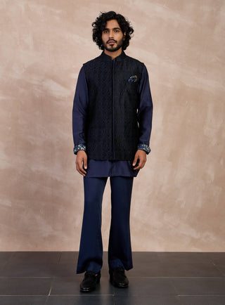 Arjan Dugal Navy And Black Maze Nehru Jacket Set available on indiaspopup