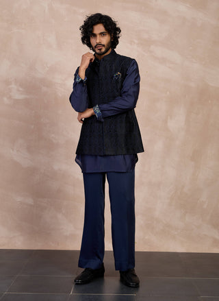 Arjan Dugal Navy And Black Maze Nehru Jacket Set available on indiaspopup