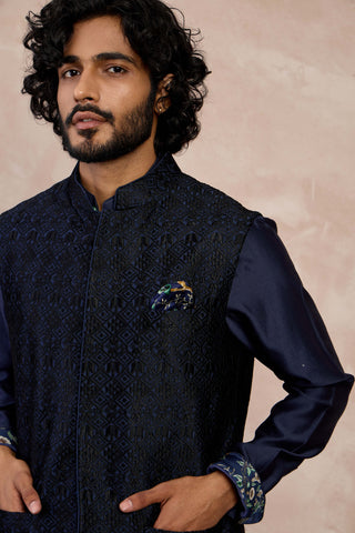 Arjan Dugal Navy And Black Maze Nehru Jacket Set available on indiaspopup