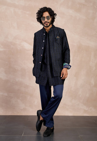 Arjan Dugal Navy And Black Maze Nehru Jacket Foe Set available on indiaspopup