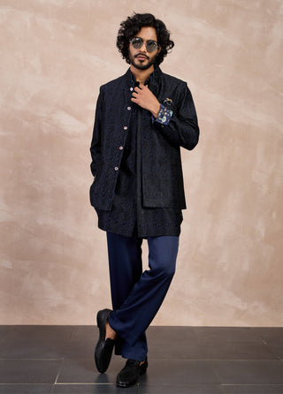 Arjan Dugal Navy And Black Maze Nehru Jacket Foe Set available on indiaspopup