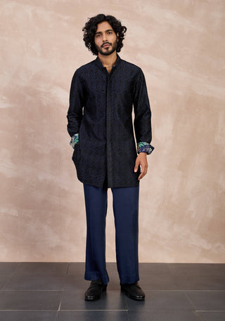 Arjan Dugal Navy And Black Maze Nehru Jacket Foe Set available on indiaspopup