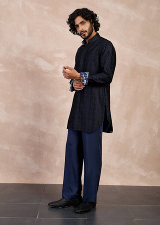 Arjan Dugal Navy And Black Maze Nehru Jacket Foe Set available on indiaspopup