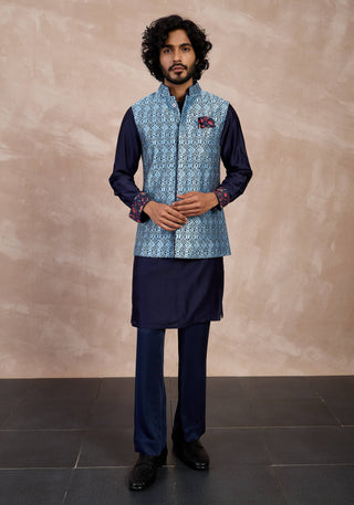 Arjan Dugal Navy And Teal Maze Nehru Jacket Set available on indiaspopup