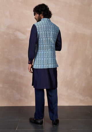 Arjan Dugal Navy And Teal Maze Nehru Jacket Set available on indiaspopup