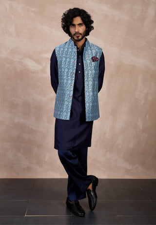 Arjan Dugal Navy And Teal Maze Nehru Jacket Set available on indiaspopup